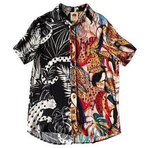 Farm Rio Crazy Fauna Mixed Print short sleeve button down shirt  | XS